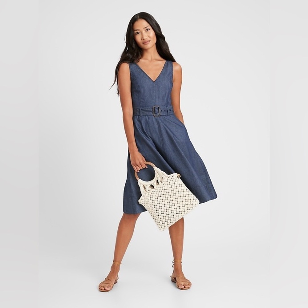 Banana Republic Denim Belted Midi Dress Double V Neck 100% Cotton
